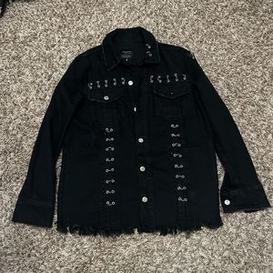 Zara Trafaluc Denimwear Black Distressed Chained Denim Jacket Sz Medium